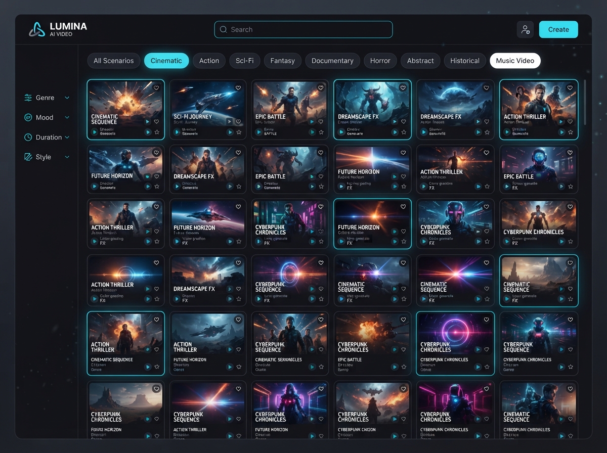 Grid of Genematic AI scenario presets across Cinematic, Effects, and FIFA categories
