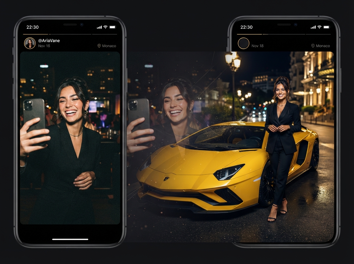 Selfie composited into a luxury Lamborghini larp scene