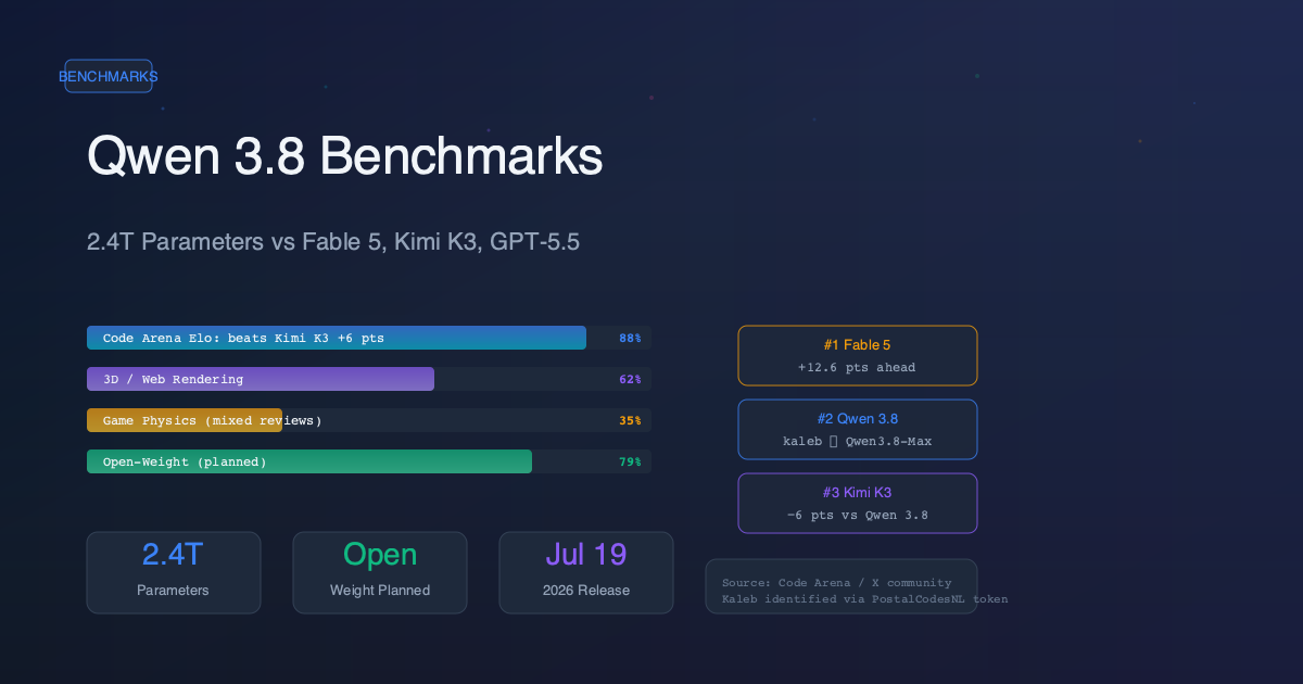 Qwen 3.8 Benchmarks: How Alibaba 2.4T Model Stacks Up Against Fable 5, Kimi K3, and GPT-5.5 Qwen 3.8 Benchmarks: How Alibaba 2.4T Model Stacks Up Against Fable 5, Kimi K3, and GPT-5.5